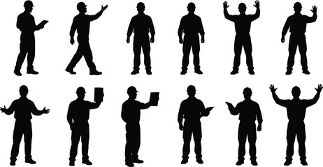 Collection of twelve black vector silhouettes of construction workers, engineers, and builders wearing safety hard hats, standing, walking, and holding blueprints, isolated on white.