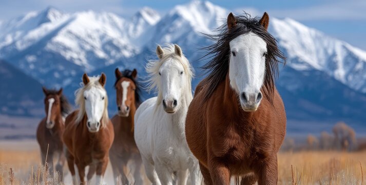 horses run in the mountains of montana, america, with brown and white horses galloping across an open field