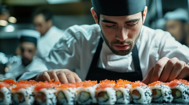 young chef preparing sushi rolls at station