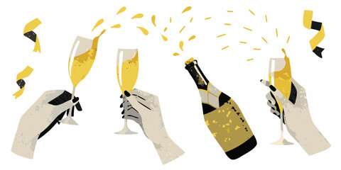 Champagne toast celebration with hands glasses bottle and confetti