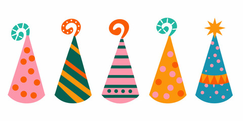 Collection of colorful party hats with different patterns and decorations