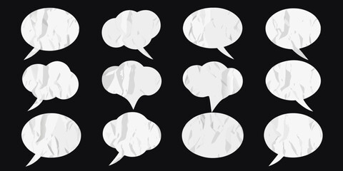 Crumpled paper speech bubbles on black background for text or dialogue
