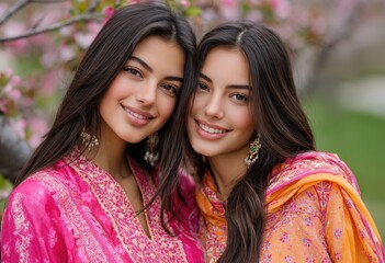 two gorgeous middle eastern models in their early to mid-20s, with long hair, posing for the camera with one hand on their hip and smiling while standing under an apple tree in full bloom