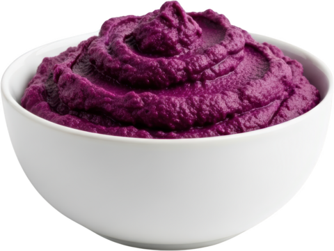 Smooth vibrant purple puree resembling mashed sweet potato or hummus swirled in a clean white ceramic bowl isolated on a transparent background purple food - Powered by Adobe