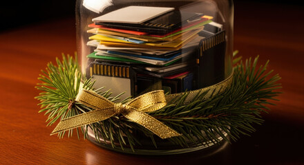 New year memory jar filled with colorful memory cards, adorned with a festive golden ribbon and pine sprigs, set on a warm wooden table under soft lighting