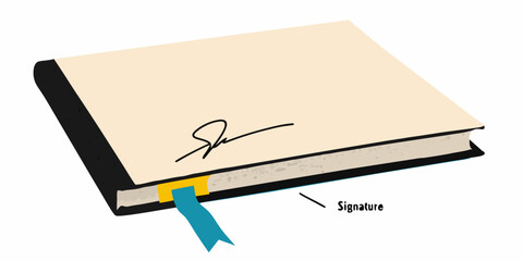 Closed book with signature and bookmark on white background illustration