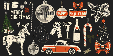 Festive christmas and new year s eve illustration with retro elements on black