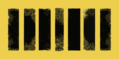 Abstract black bars on yellow background with textured edges and uneven surfaces
