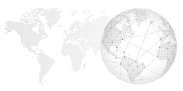 Global network connection concept. Big data or Social network communication visualization. Dotted Map of the World and World Map Globe with city connections. Vector Internet technology design