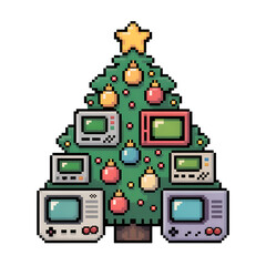 Pixel Art Christmas Tree Vector Illustration. Retro video game style pine tree made of old TV screens and monitors. 8-bit gamer holiday design with ornaments.
