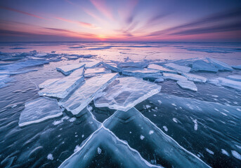 Broken ice floes on frozen lake at colorful sunset, stunning winter scene