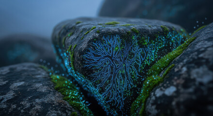 Glowing moss and intricate blue network pattern on natural rock formation
