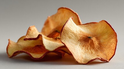 Baked apple chips on neutral background, soft contrast lighting
