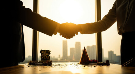 Silhouetted handshake between business partners at sunset, emphasizing resolution and accountability, with festive decorations and city skyline in background