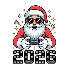 Cool Gamer Santa Claus with Joystick and Sunglasses 2026 New Year 