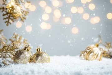 Festive Christmas Scene with Golden Ornaments, Snow, and Bokeh Lights