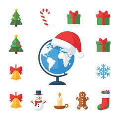 Festive Christmas Icons and Globe with Santa Hat for Holiday Season.