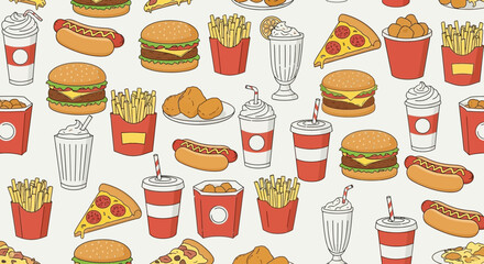 Seamless Pattern of Fast Food Items: Burgers, Fries, Hot Dogs, Pizza and Drinks Delight