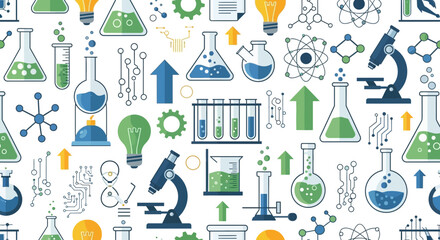 Seamless pattern of scientific laboratory equipment with flask and test tubes background