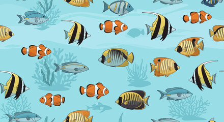 Seamless pattern of tropical fish swimming in blue water an underwater world scene