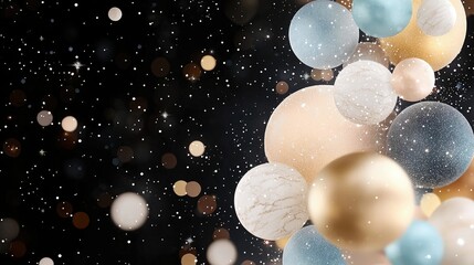 A collection of decorative spheres in various textures and colors float against a dark background with scattered lights and sparkles.