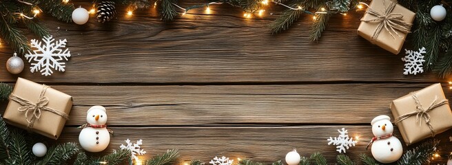 Christmas Decorations on Rustic Wooden Background with Snowflakes, Gift Boxes, and Snowmen