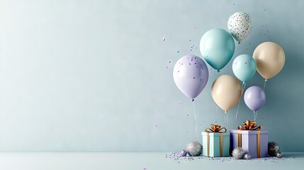 A collection of pastel-colored balloons and wrapped gift boxes are arranged with scattered confetti, creating a festive atmosphere for a celebration.