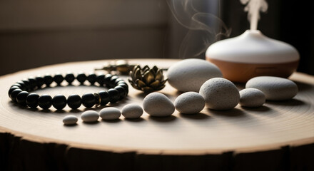 Calming New Year pranayama breathing technique scene with smooth stones, aromatic diffuser, beads, and lotus sculpture on wooden surface