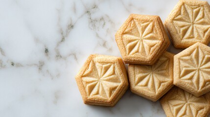 Butter cookies in geometric layout on cream-colored marble, high-key aesthetic