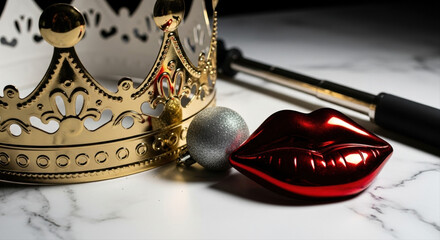 Elegant new year photo booth props featuring a golden crown, red lips, and festive elements on a marble surface with dramatic lighting