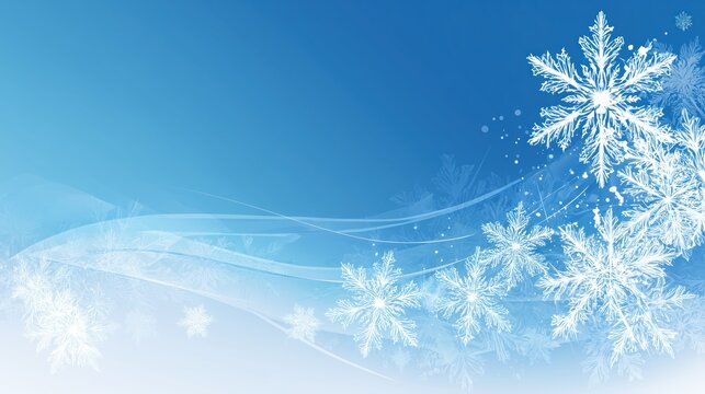 Winter Snowflakes Background with Soft Blue Gradient and Whimsical Wave Lines