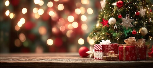 Festive Christmas Decorations with Presents and Twinkling Lights