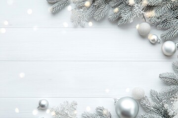 Festive Christmas Background with Silver Ornaments, Snowflakes, and Pine Branches on White Wooden Surface