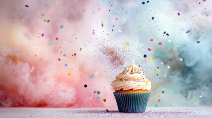 A single cupcake with white frosting and sprinkles sits on a white surface, surrounded by colorful confetti and wisps of pink and blue smoke.