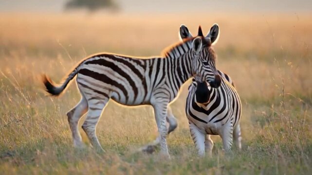 A zebra and its foal resting together in a grassy field during a warm and sunny day outdoors zebra video