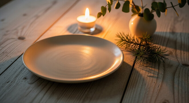 Nordic style Christmas table setting with a ceramic plate, lit candle, and pine sprig on a rustic wooden surface, creating a cozy, festive atmosphere