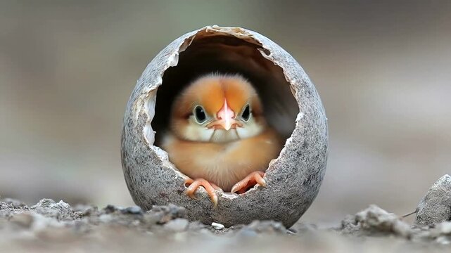 Emerging chick in weathered eggshell sphere