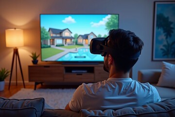 Man explores various virtual houses using a VR headset from his home.