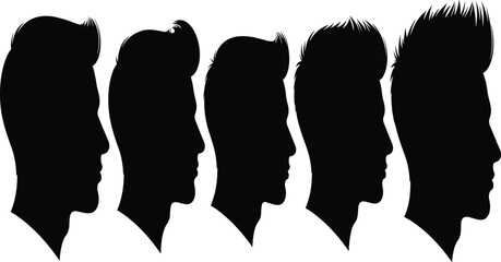 Silhouettes of five young men's head profiles showcasing different popular modern pompadour and faded hairstyles, symbolizing fashion, grooming, male beauty, youth culture, and trending style.