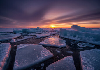 Arctic sunset illuminates ice floes on water, vast polar landscape scene