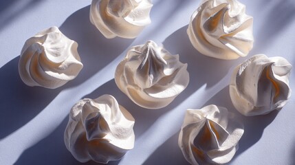 Flat lay of white meringues with subtle shadow play, minimal holiday setup