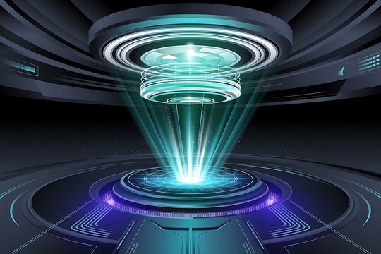 Futuristic Holographic Projection Chamber with Glowing Energy Beam