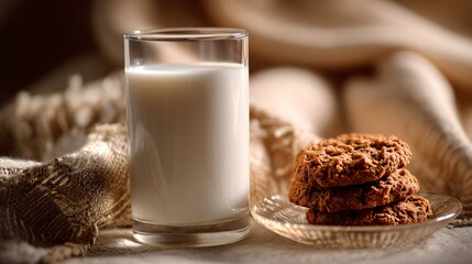 Glass of warm milk beside small plate of cookies, beige textile background