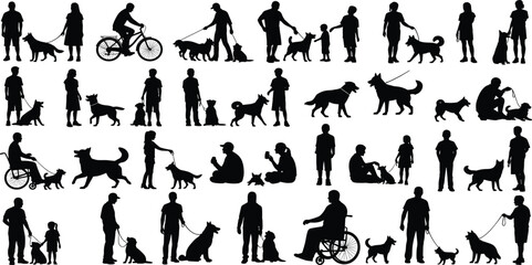 Silhouettes of diverse people, adults and children, interacting with and walking their dogs in various fun poses, symbolizing pet ownership, companionship, 