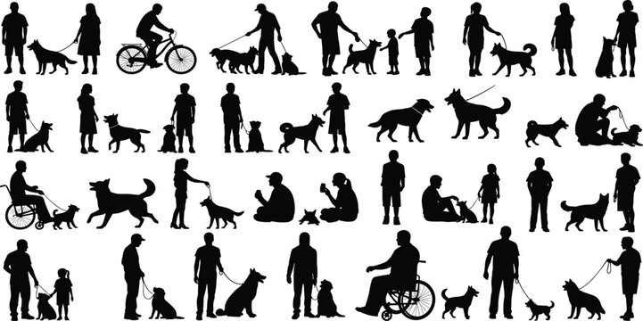 Silhouettes of diverse people, adults and children, interacting with and walking their dogs in various fun poses, symbolizing pet ownership, companionship, 