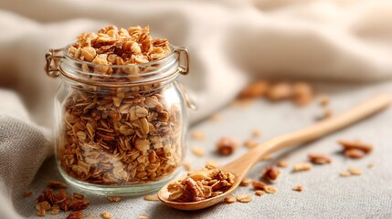 Granola jar with wooden spoon on soft linen background