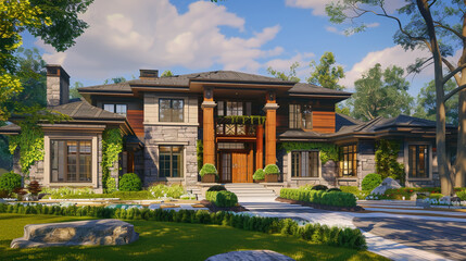 Stylish Front Door of Luxury Residence with Car in Driveway