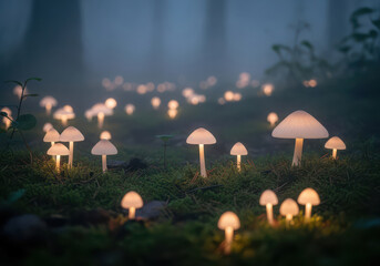 Ethereal glowing mushrooms illuminating a misty forest floor at dusk.