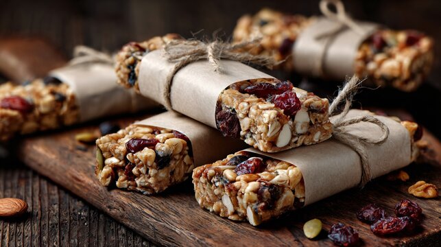 Homemade granola bars wrapped in paper, rustic but clean style