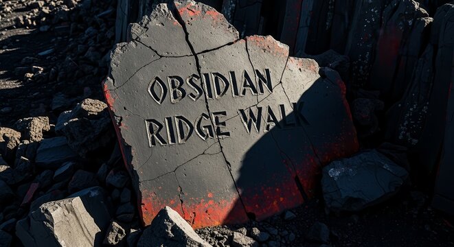 Obsidian Ridge Wall Carved Sign: A Fragmented Stone Monument in Volcanic Landscape - Powered by Adobe